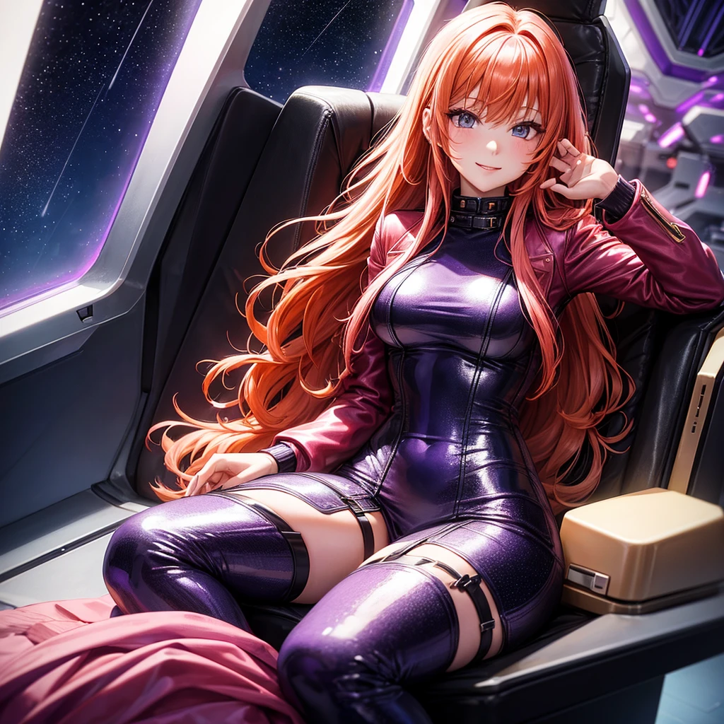 A young sexy woman with long purple hair and sexy clothes sits in a spaceship seat、A beautiful starry sky can be seen from the window.。smile,Orange hair color,Latest Fashion,Too beautiful girl,leather jacket,Future Fashion,Angel girl,Pink Hair,Horny girl