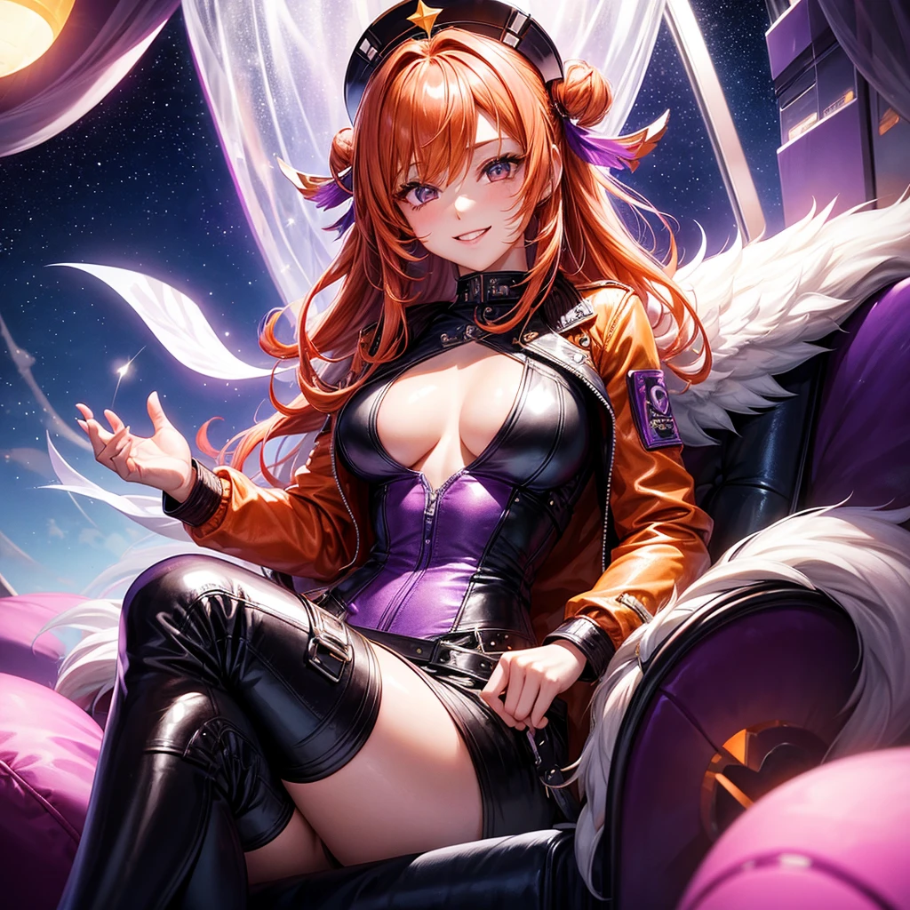 A young y woman with long purple hair and sexlothes sits in a spaceship seat、A beautiful starry sky can be seen from the window.。smile,Orange hair color,Latest Fashion,Too beautiful girl,leather jacket,Future Fashion,Angel girl,Pink Hair,Horny