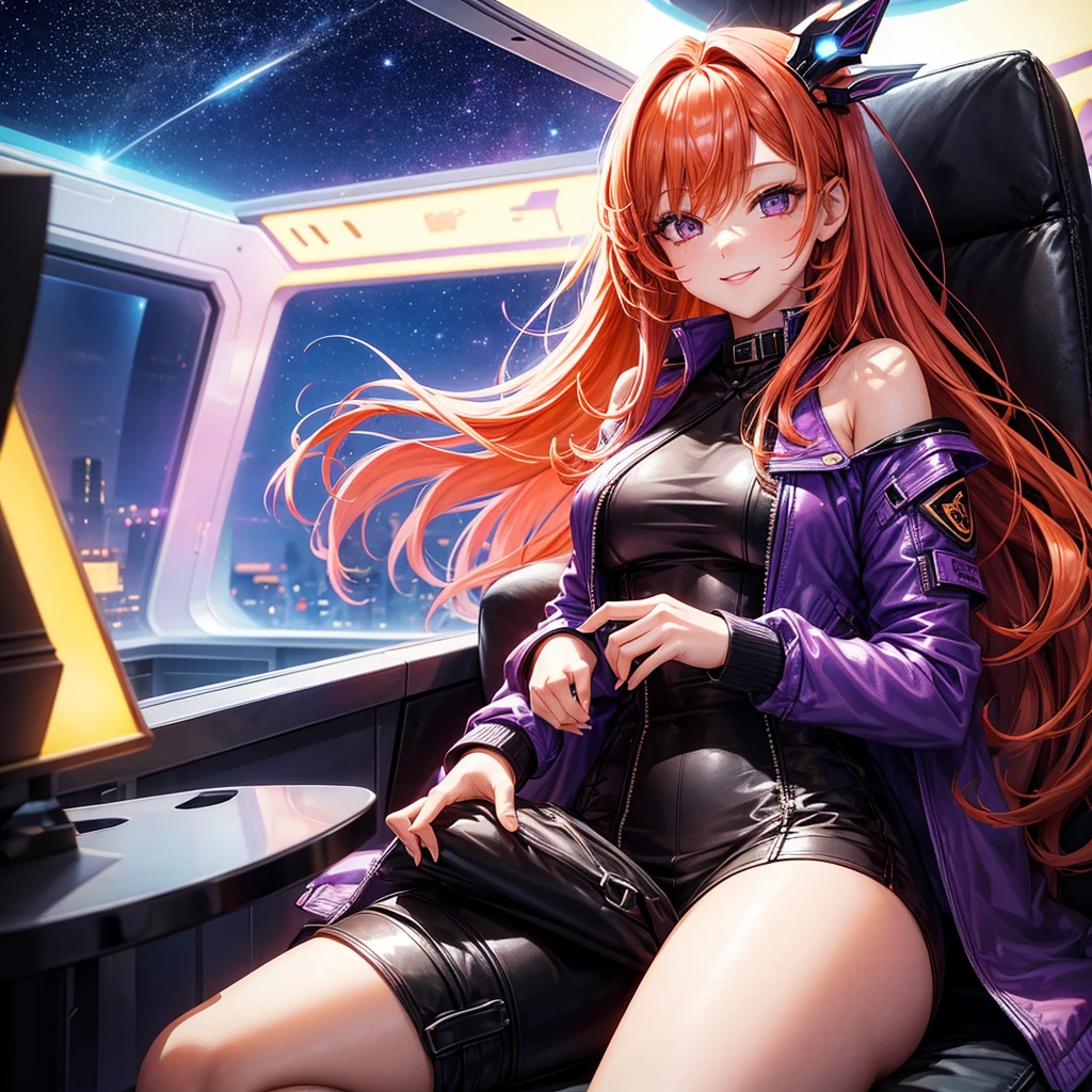A young sexy woman with long purple hair and sexy clothes sits in a spaceship seat、A beautiful starry sky can be seen from the window.。smile,Orange hair color,Latest Fashion,Too beautiful girl,leather jacket,Future Fashion,Angel girl,Pink Hair,Horny girl