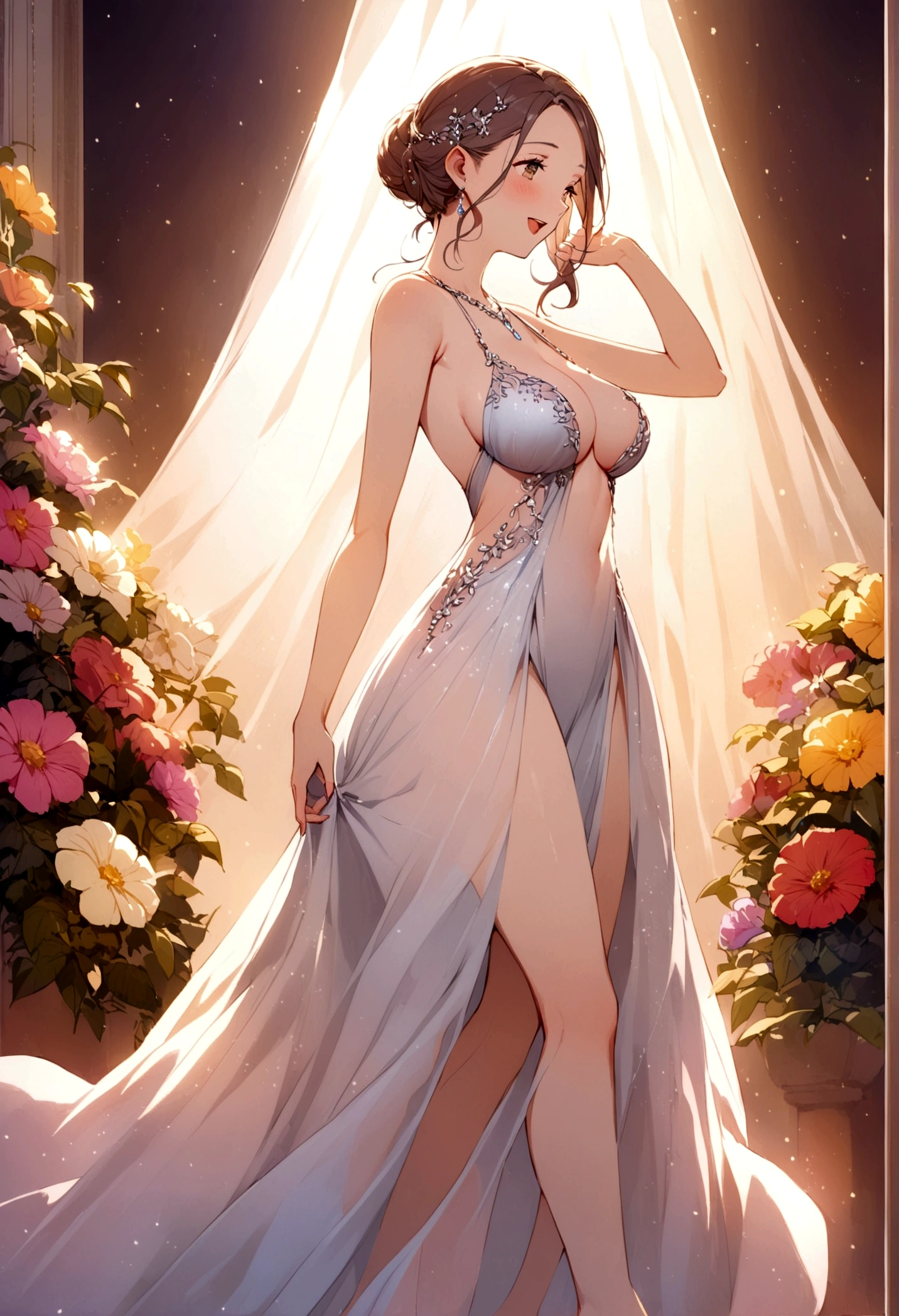 A lovely woman (sheer shimmering over exposed evening dress, safe for work), dancing and enjoying herself in a gala full of bright flowers, fairyland
