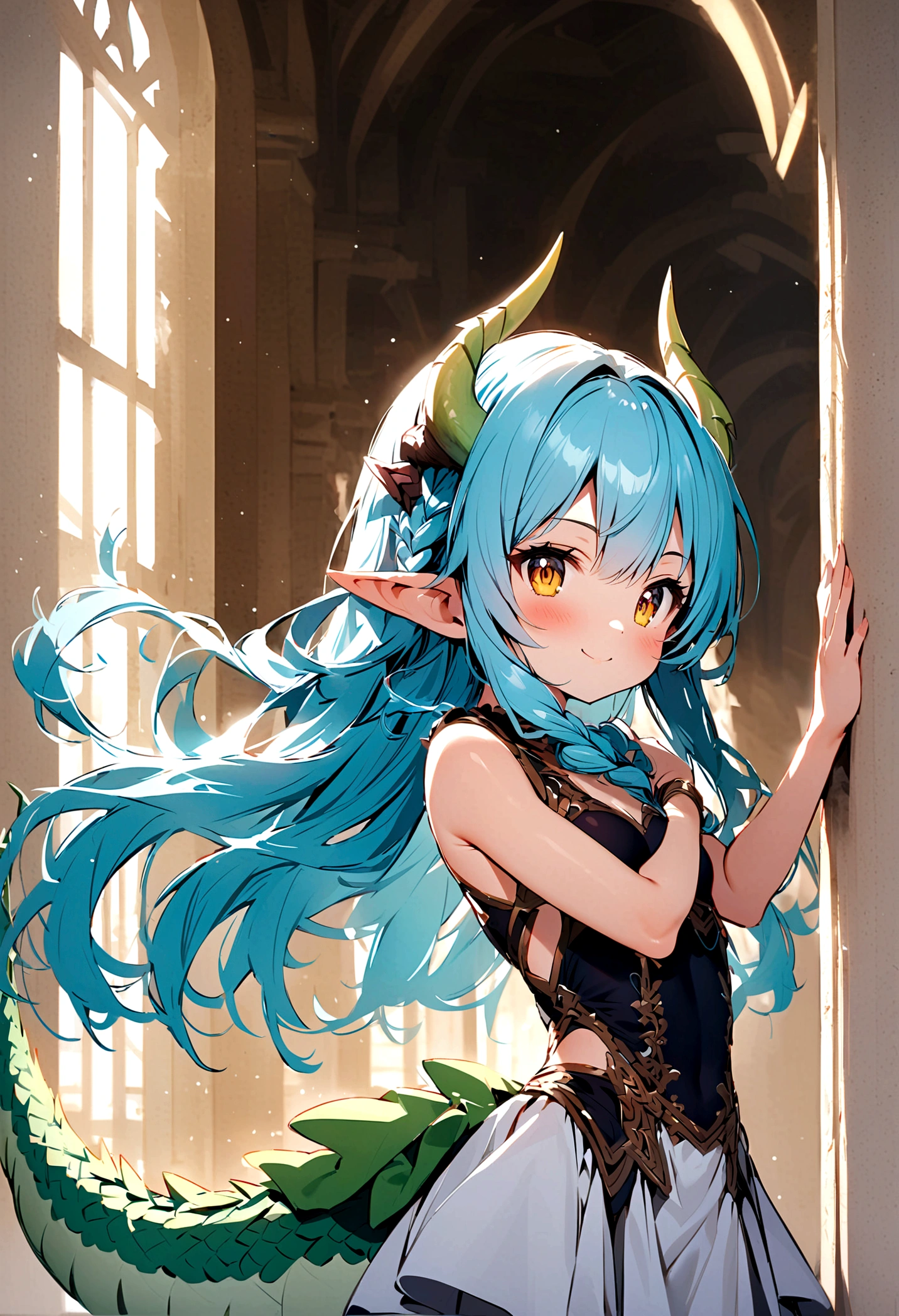 Cute young girl, Light blue hair, Long hair, Braided hair, Yellow eyes, Dragon Horn, Dragon Tail, Elf ears, Muscular body, Small Breasts, Cute clothes, Cute pose, blush, Smile