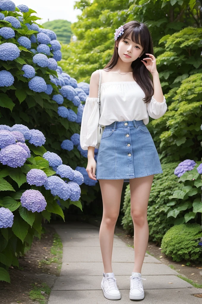 A 20-year-old girl wearing a miniskirt、In the hydrangea park。
