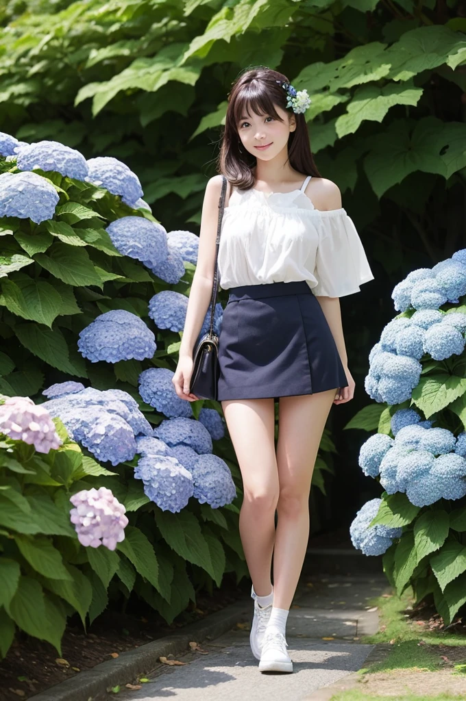A 20-year-old girl wearing a miniskirt、In the hydrangea park。