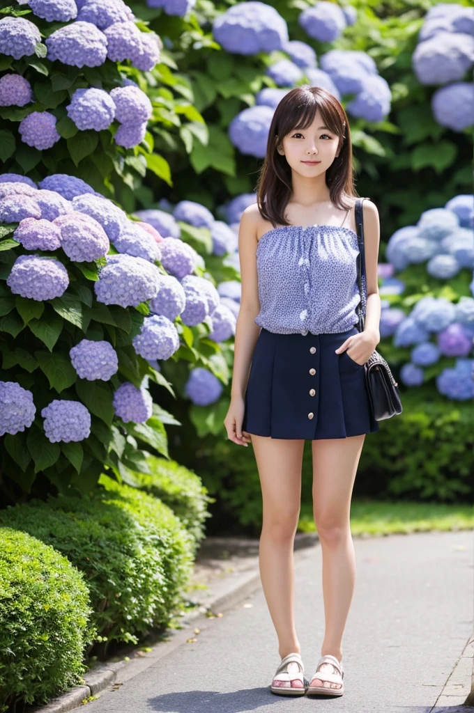 A 20-year-old girl wearing a miniskirt、In the hydrangea park。