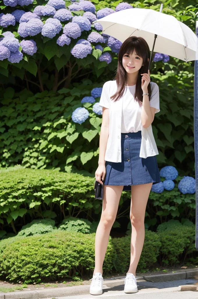 A 20-year-old girl wearing a miniskirt、In the hydrangea park。