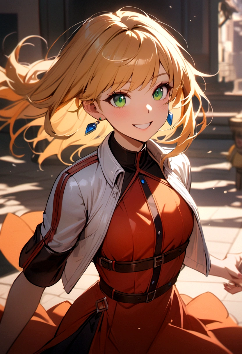 girl with long orange blonde hair, green eyes, red strap dress, white cropped jacket with a hint of blue, red earrings, energetic smile