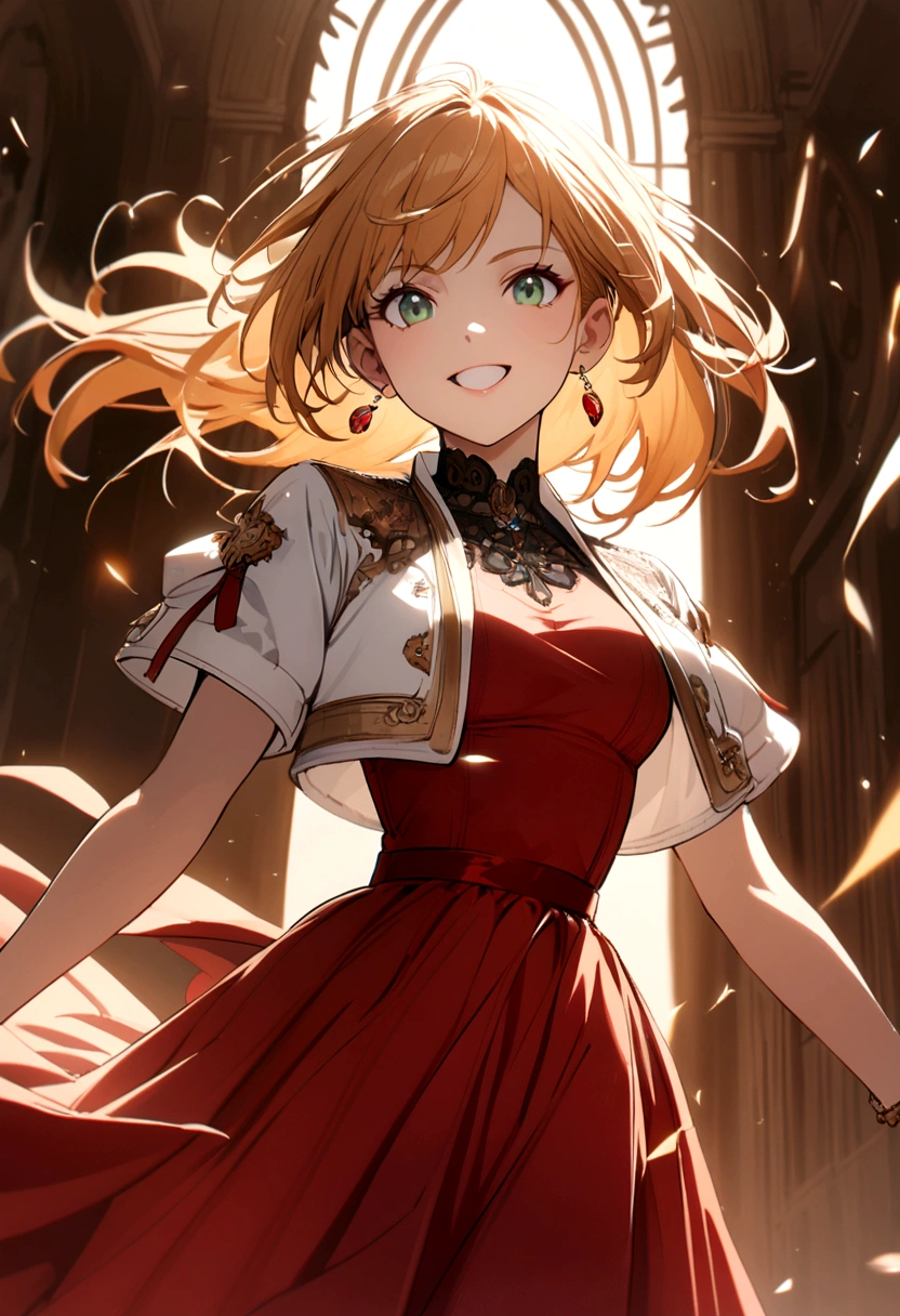girl with long orange blonde hair, green eyes, red strap dress, white cropped jacket with a hint of blue, red earrings, energetic smile