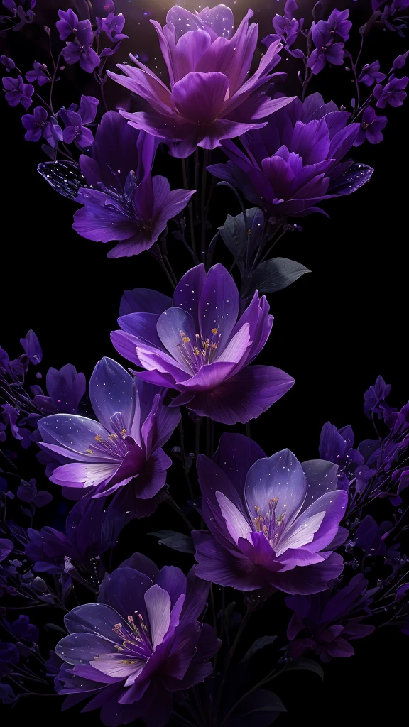 8K resolution, gothic debate art, (violet+Transparent flowers),(dark foreground like sparkling petals, Magical light flow, Silver vapor surrounding the guardian cloud, 8K resolution, great visual enjoyment., Soft cinematic light, Light Lab, Hmph, reveal your dreams, intricate style..