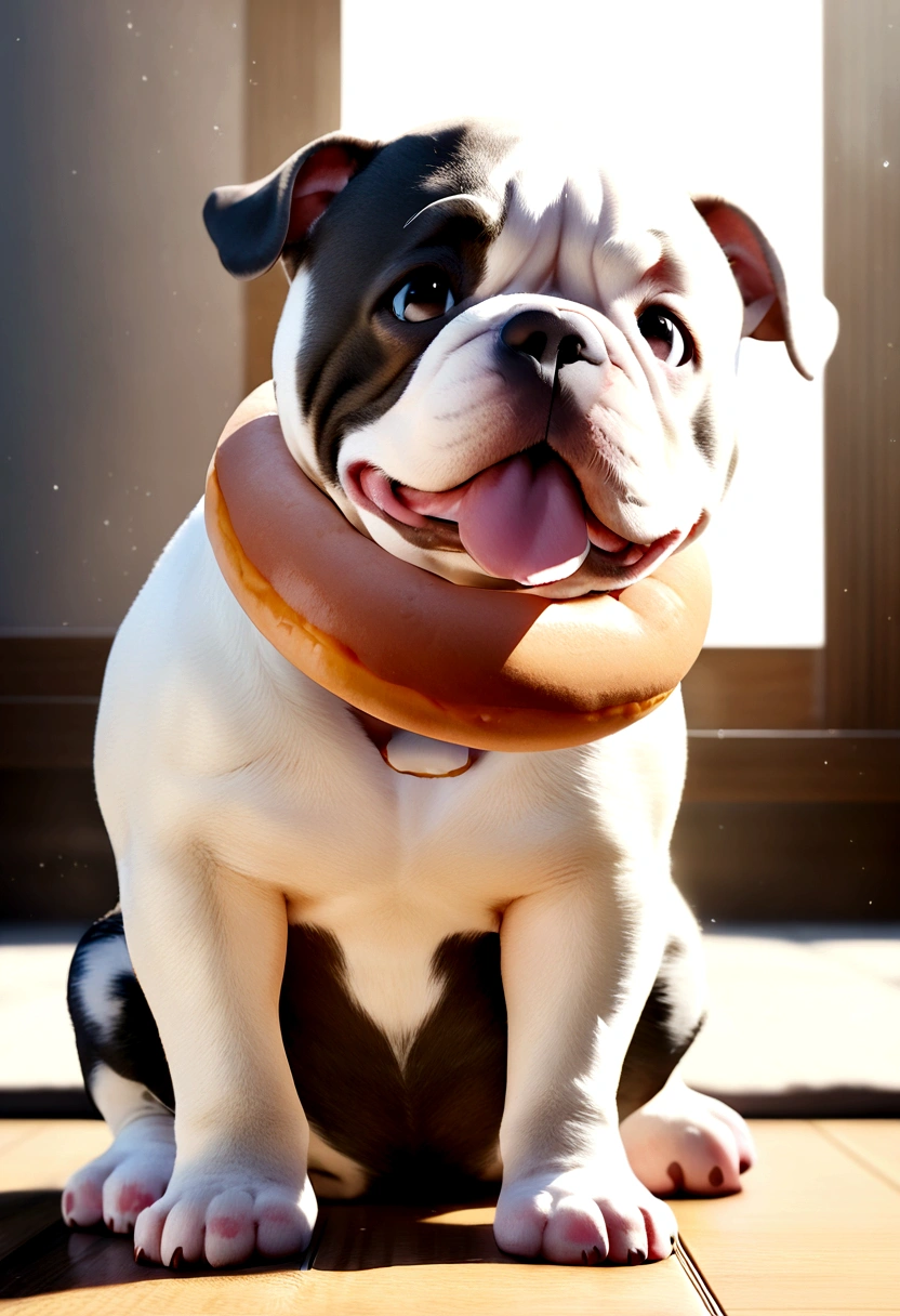 Create a Disney Pixar 3D style image of an American Bully puppy with a donut around its neck
