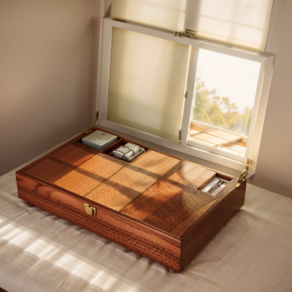 In this cozy room,A ray of sunlight shone through the half-drawn curtains on the table,Let the wood grain on the watch storage box shine with a faint luster。There was a calm and peaceful atmosphere in the air around them。There are several still lifes hanging on the walls of the room,It adds a touch of elegance to the space。And on the other side of the room,The half-open window lets in the breeze,The pages on the small desk by the window turned in the wind,This quiet scene gives a sense of tranquility and comfort。