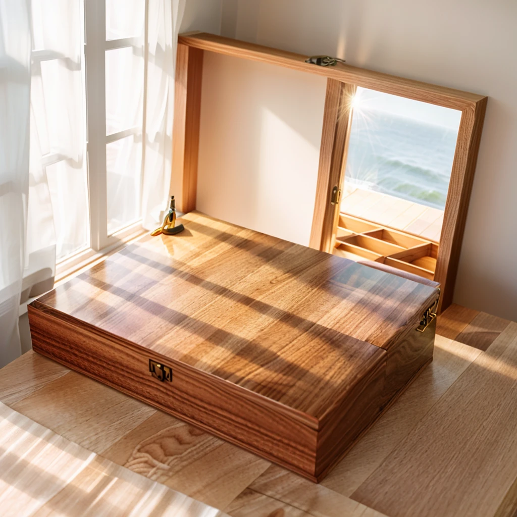 In this cozy room,A ray of sunlight shone through the half-drawn curtains on the table,Let the wood grain on the watch storage box shine with a faint luster。There was a calm and peaceful atmosphere in the air around them。There are several still lifes hanging on the walls of the room,It adds a touch of elegance to the space。And on the other side of the room,The half-open window lets in the breeze,The pages on the small desk by the window turned in the wind,This quiet scene gives a sense of tranquility and comfort。