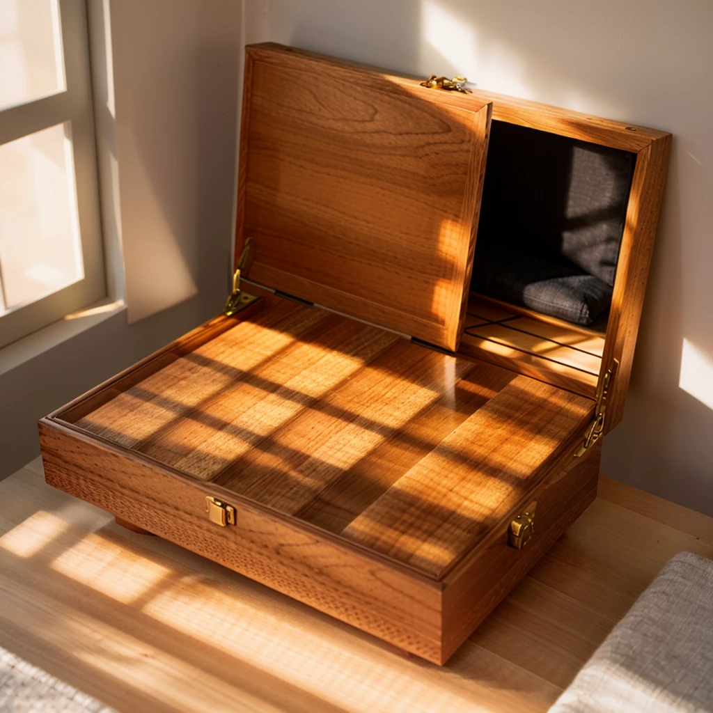 In this cozy room,A ray of sunlight shone through the half-drawn curtains on the table,Let the wood grain on the watch storage box shine with a faint luster。There was a calm and peaceful atmosphere in the air around them。There are several still lifes hanging on the walls of the room,It adds a touch of elegance to the space。And on the other side of the room,The half-open window lets in the breeze,The pages on the small desk by the window turned in the wind,This quiet scene gives a sense of tranquility and comfort。