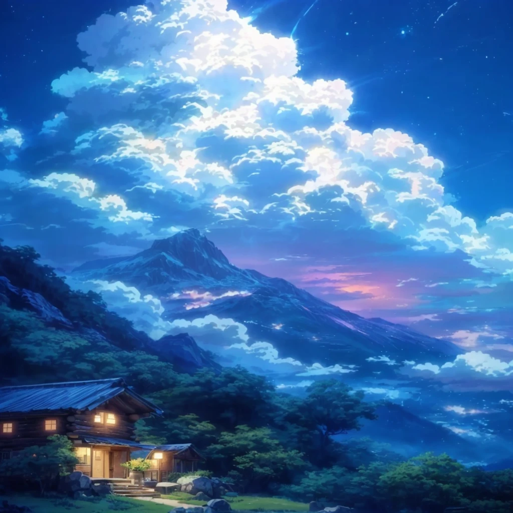 a painting of an old cabin in the middle of a mountain with a sky background, linda cena de anime, Nuvens de anime, fundo de anime, beautiful anime scenery, paisagem de anime wallpaper, anime linda cena de paz, fundo de filme de anime, Anime heaven, anime scenery, Natureza dos animes, paisagem de anime, atmospheric anime, atmospheric anime, papel de parede de anime 4k, papel de parede de anime 4k (((cabana velha)))