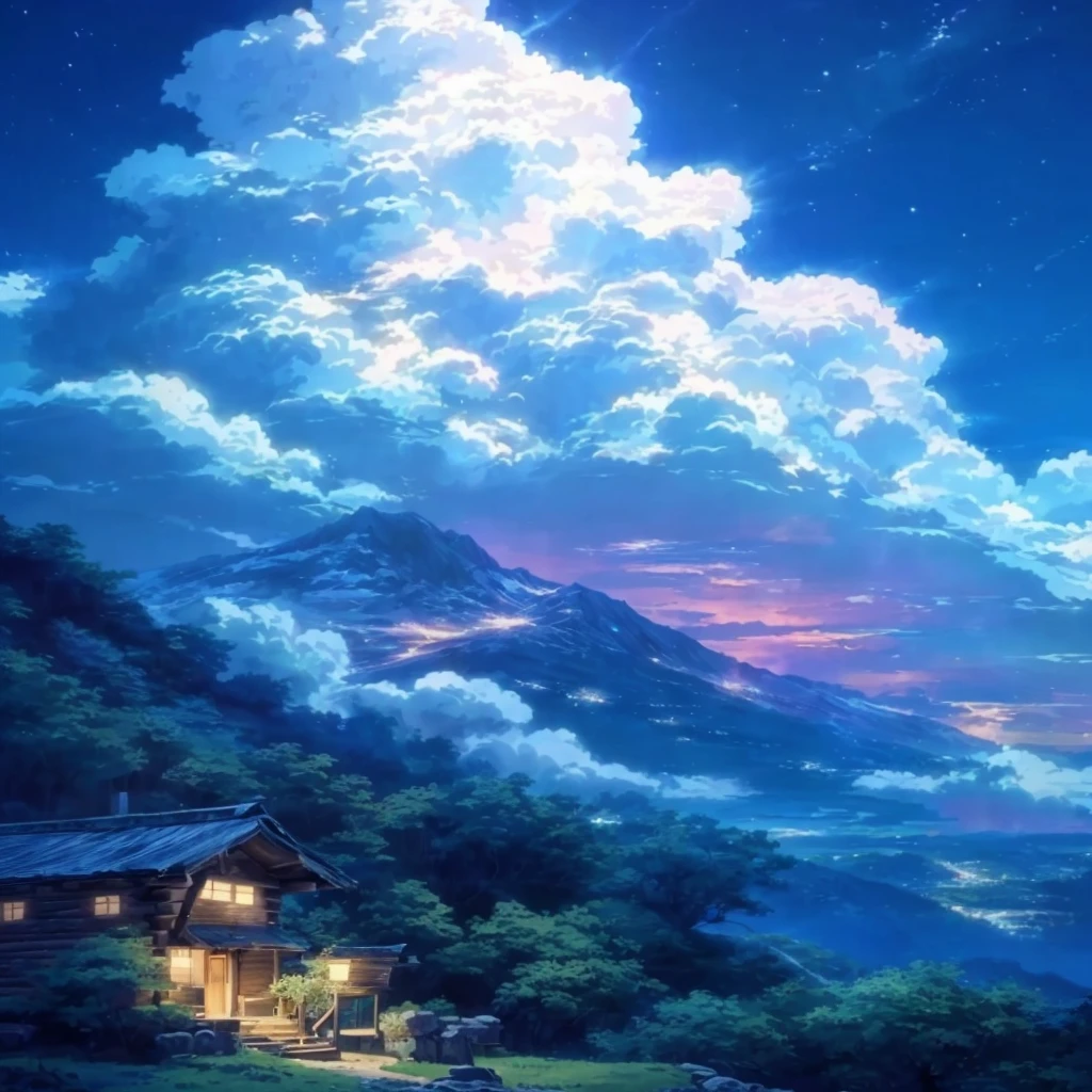 a painting of an old cabin in the middle of a mountain with a sky background, linda cena de anime, Nuvens de anime, fundo de anime, beautiful anime scenery, paisagem de anime wallpaper, anime linda cena de paz, fundo de filme de anime, Anime heaven, anime scenery, Natureza dos animes, paisagem de anime, atmospheric anime, atmospheric anime, papel de parede de anime 4k, papel de parede de anime 4k (((cabana velha)))