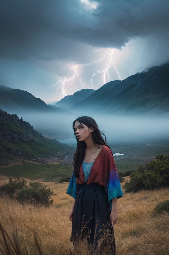 (masterpiece), comics, Highest quality，(photograph_(Moderate):1.0), Antonio J.. Manzanado, Jeremy Lipking, lightning, In a surreal landscape, Watercolor style, Brush strokes, Iris,colorful，Vibrant colors,One girl