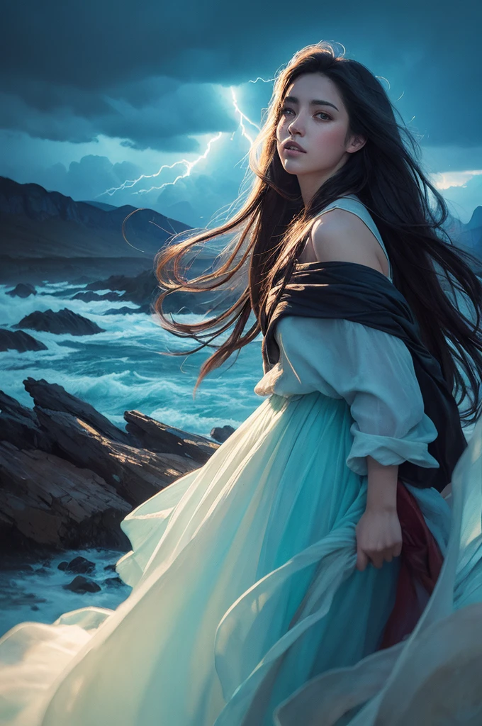 (masterpiece), comics, Highest quality，(photograph_(Moderate):1.0), Antonio J.. Manzanado, Jeremy Lipking, lightning, In a surreal landscape, Watercolor style, Brush strokes, Iris,colorful，Vibrant colors,One girl
