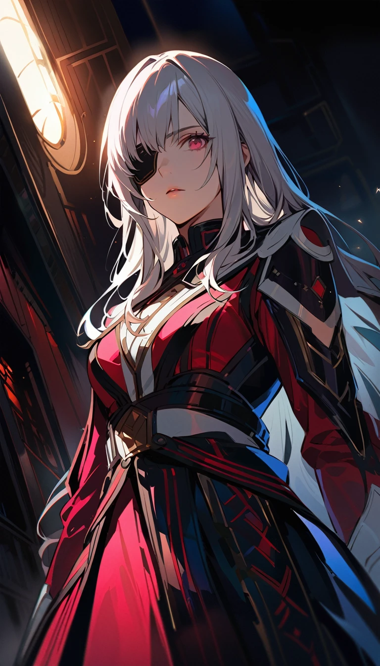 Anime version of a beautiful assassin Daryl Hannah as Elle Driver from Kill Bill movie, a detailed portrait of her face with one eye patch, dark dramatic lighting, intense gaze, intricate costume details, cinematic high quality, oil painting style, moody dark colors, dramatic lighting, low angle shot, cowboy shot, pink eyes, long and white hair