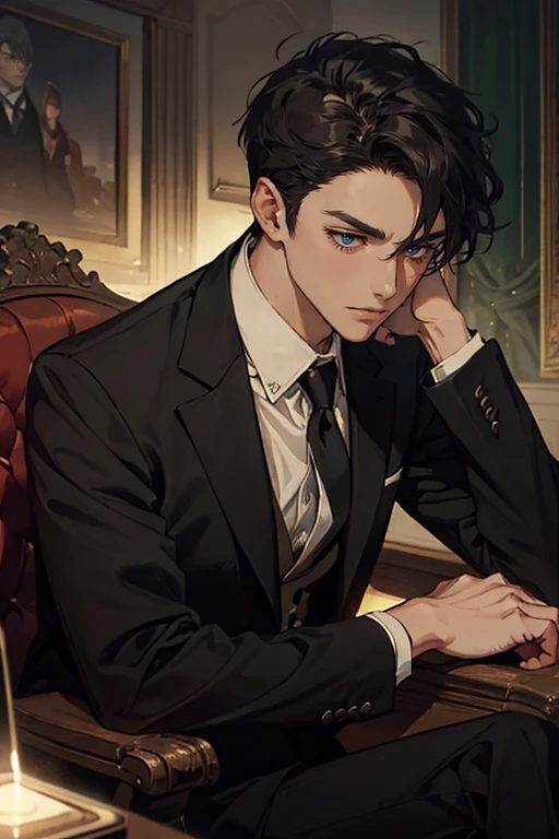 ((One young man with a black suit and tie)), alejandro, (((one side swept dark short neat hair))), ( green eyes and thick eyebrows), ((20 years old)), ((masterpiece)), ((cinematic lighting)), relax look and smirk, waiting for someone