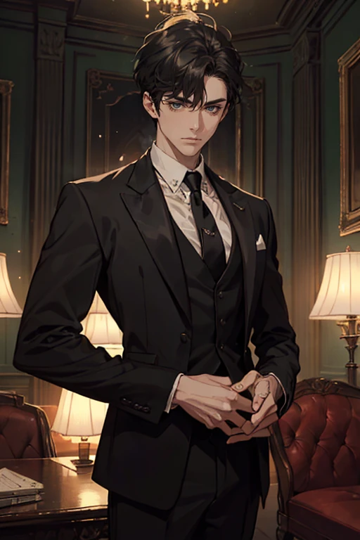 ((One young man with a black suit and tie)), alejandro, (((one side swept dark short neat hair))), ( green eyes and thick eyebrows), ((20 years old)), ((masterpiece)), ((cinematic lighting)), relax look and smirk, waiting for someone