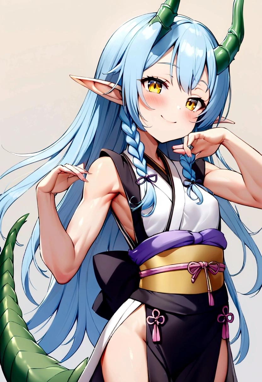 cute young girl, light blue hair, long hair, small braids hair, yellow eyes, dragon horn, dragon tail, elf ear, muscular body, small breast, sexy japanese outfit, cute pose, blushing, smile
