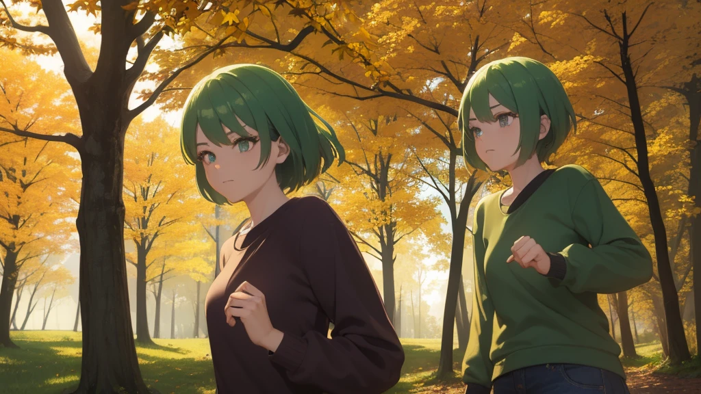 a girl with green hair, violet sweatshirt, autumn forest, perfect brown eyes, cinematic lighting, expression of joy, work of art, ultra definition, falling autumn leaves, half-length focus, pose on a corner of the image