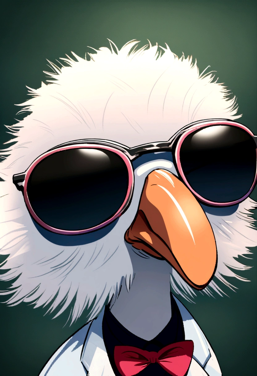 An artist's rendering of an ostrich in business suit and sunglasses, con un fondo brillante y colorido, renderizado en hiperrealismo 8K.