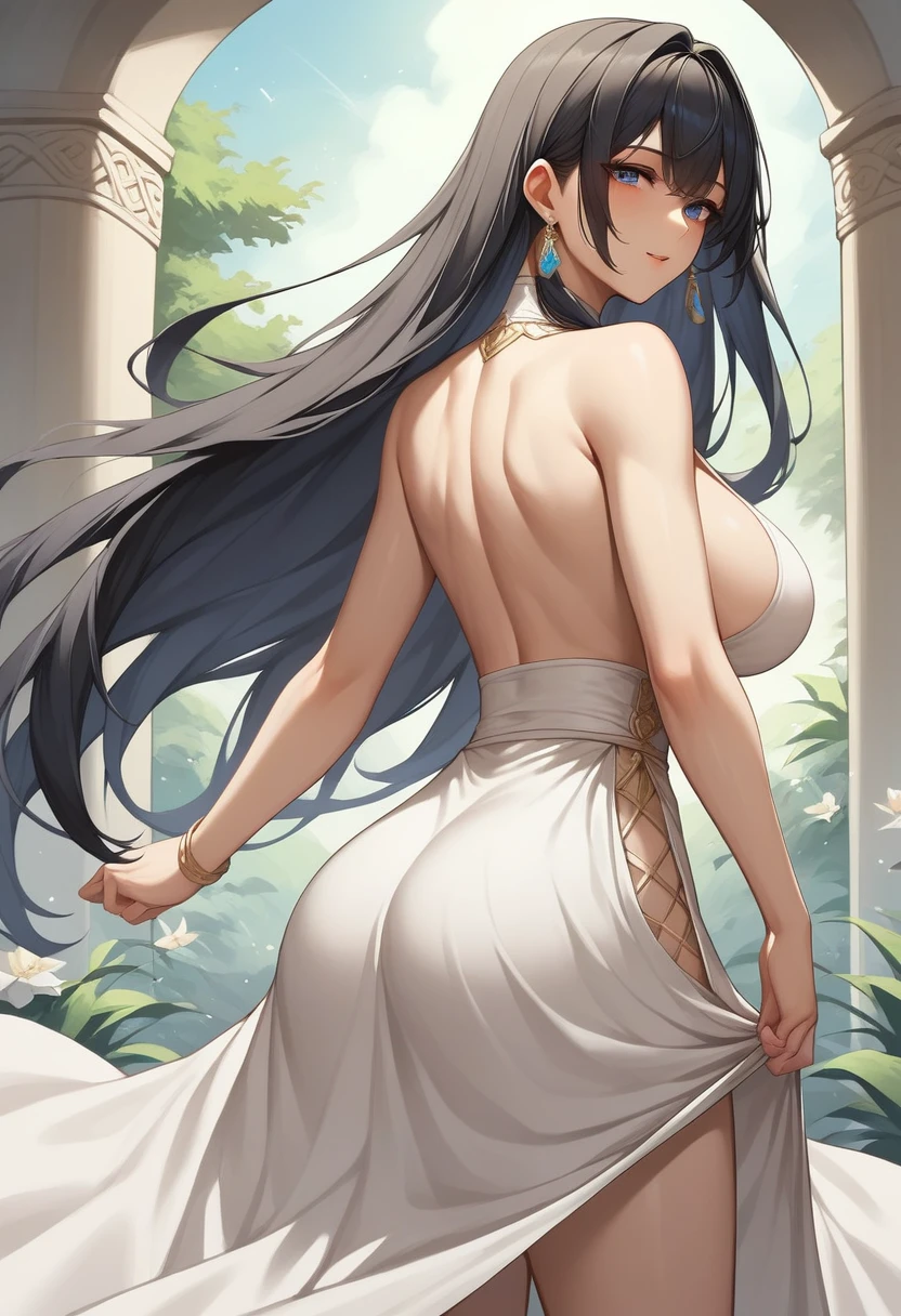 A mature woman,Long black hair,Bangs,White skirt,high quality,Beautifully,masterpiece