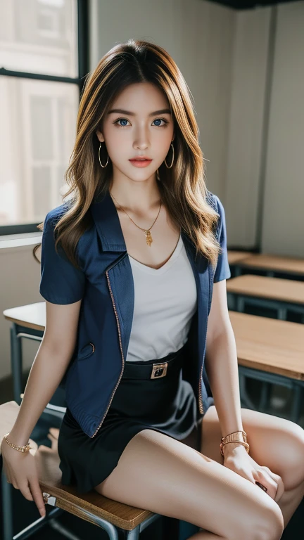 ((8K, high resolution,Masterpiece, best quality, alone, complicated details, Chromatic aberration), realistic, ((chestกลาง)), ((chest)), ((chest)), (chestหย่อนคล้อย.), hair in one eye, big round hoop earrings, Diamond choker, Gold Necklace, silver necklace, small watch, bangle, bracelet, bangleข้อเท้า, waist necklace, (symmetrical eyes),(Perfect symmetrical body), (Photo of a beautiful teenage girl in her 20s.), Beautiful and charming with contemporary fashion paintings as well..., looking at the audience, ((Behind the scenes of a large classroom)), (black short skirt), (((blue jacket, short sleeve), ((เสื้อshort sleeveสีขาว, เปิดchest, Show off your breasts), (open your shirt.), ), (เปิดchest), (chestหย่อนคล้อย.))), (()), (Long square leather belt buckle), ((Put your hands down.)), (Bob, medium length hair,big curls, Side flatness, Golden blonde brown hair, (There is a thin layer of hair covering the face...)), sharp eyeliner, eyelid, Blush, have thick eyelashes, sharp eyes, purple eyes, pink cheeks, Very delicate and beautiful, round chin, Sharp focus, elegant, (sitting on the study table..), (Sit with your legs spread apart., feet free, Showing off faint underwear), (), (Close-up full body photo, Saw black stilettos.)