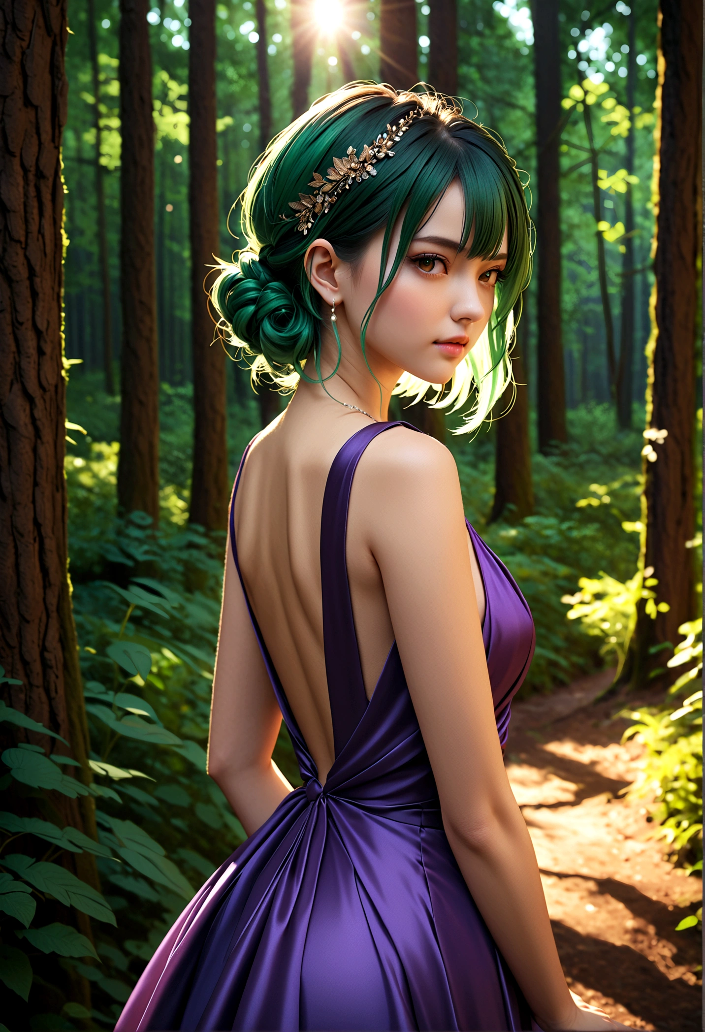 ratte867, 1 Girl, Solitary, (forest green hair:1.2), Asymmetrical hairstyle, Purple evening gown masterpiece, best quality, photoPractical, Practical, (RAW photos, 8K Ultra HD, Film Grain), Caustic lines, Subsurface scattering 