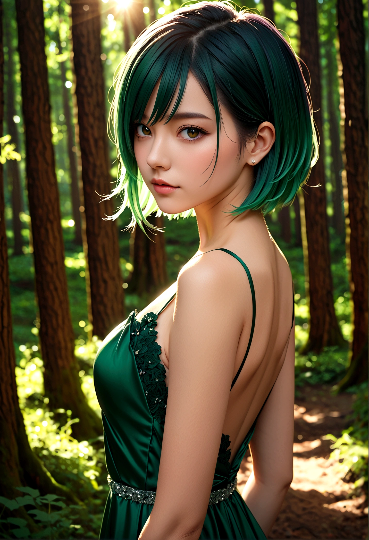 ratte867, 1 Girl, Solitary, (forest green hair:1.2), Asymmetrical hairstyle, Purple evening gown masterpiece, best quality, photoPractical, Practical, (RAW photos, 8K Ultra HD, Film Grain), Caustic lines, Subsurface scattering