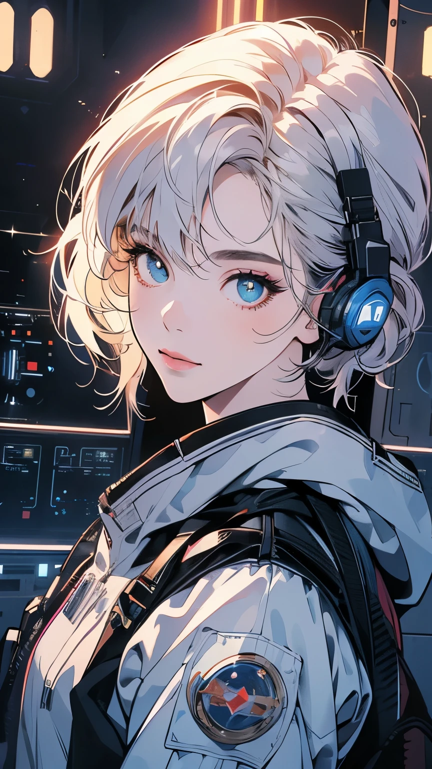 One beautiful woman, inside a spaceship, perfect machine, spacesuit, looking at camera, perfect face, zero gravity, outer space, lots of wires, switchboard, perfect and detailed machine, robot, detailed hair, (((Various angles))), cockpit, upper body shot, most beautiful woman alive, head shot , Super detailed background, top quality, Unique and beautiful eyes, Various unique hairstyles, Ghost in the Shell, Long shot, Panorama, (((Various eye color))), Various hair color, sparkling eyes,Outer space in the background, Unique and perfect face, earphone, shoot from above