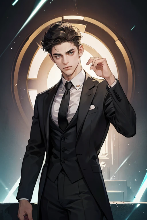 ((One young man with a black suit and tie)), alejandro, (((one side swept dark short neat hair))), ( green eyes and thick eyebrows), ((20 years old)), ((masterpiece)), ((cinematic lighting)), relax look and smirk, waiting for someone