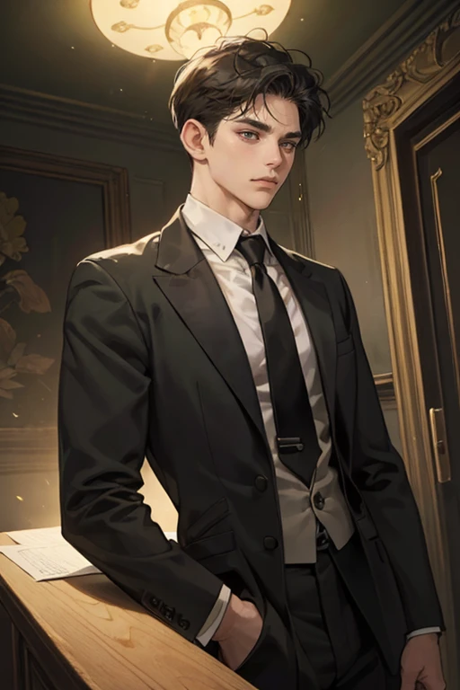 ((One young man with a black suit and tie)), alejandro, (((one side swept dark short neat hair))), ( green eyes and thick eyebrows), ((20 years old)), ((masterpiece)), ((cinematic lighting)), relax look and smirk, waiting for someone