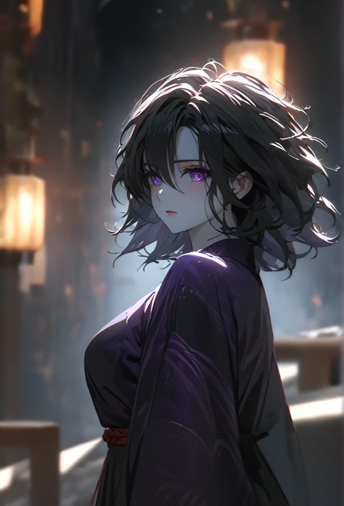 (solo), pitch black hair, messy hair, mane hair, short hair, dense hair, wild hair, expressive hai,(25 year old), pale skin, ((Female)), purple eyes, beautiful girl, wearing a black and purple kimono, thicc, beautiful, attractive, big breast, medium ass, Yin, eye reflection, depth of field, thunder aura, cinematic lighting, ray tracing, depth of field, cinematic lighting, ray tracing, UHD, high details, best quality, highres, high quality, award winning, super detail, masterpiece, 8k, UHD, high details, best quality, highres, high quality, award winning, super detail, masterpiece, 8k, digital art, anime coloring, body shot, good face, perfect face, detailed face, good eyes. The background is space.