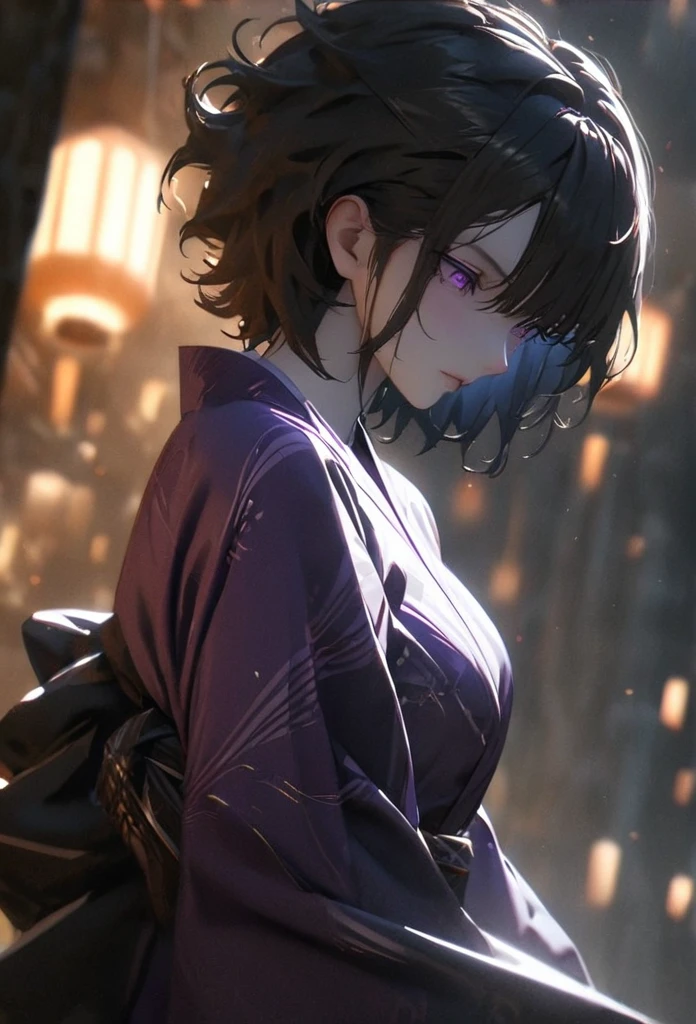 (solo), pitch black hair, messy hair, mane hair, short hair, dense hair, wild hair, expressive hai,(25 year old), pale skin, ((Female)), purple eyes, beautiful girl, wearing a black and purple kimono, thicc, beautiful, attractive, big breast, medium ass, Yin, eye reflection, depth of field, thunder aura, cinematic lighting, ray tracing, depth of field, cinematic lighting, ray tracing, UHD, high details, best quality, highres, high quality, award winning, super detail, masterpiece, 8k, UHD, high details, best quality, highres, high quality, award winning, super detail, masterpiece, 8k, digital art, anime coloring, body shot, good face, perfect face, detailed face, good eyes. The background is space.
