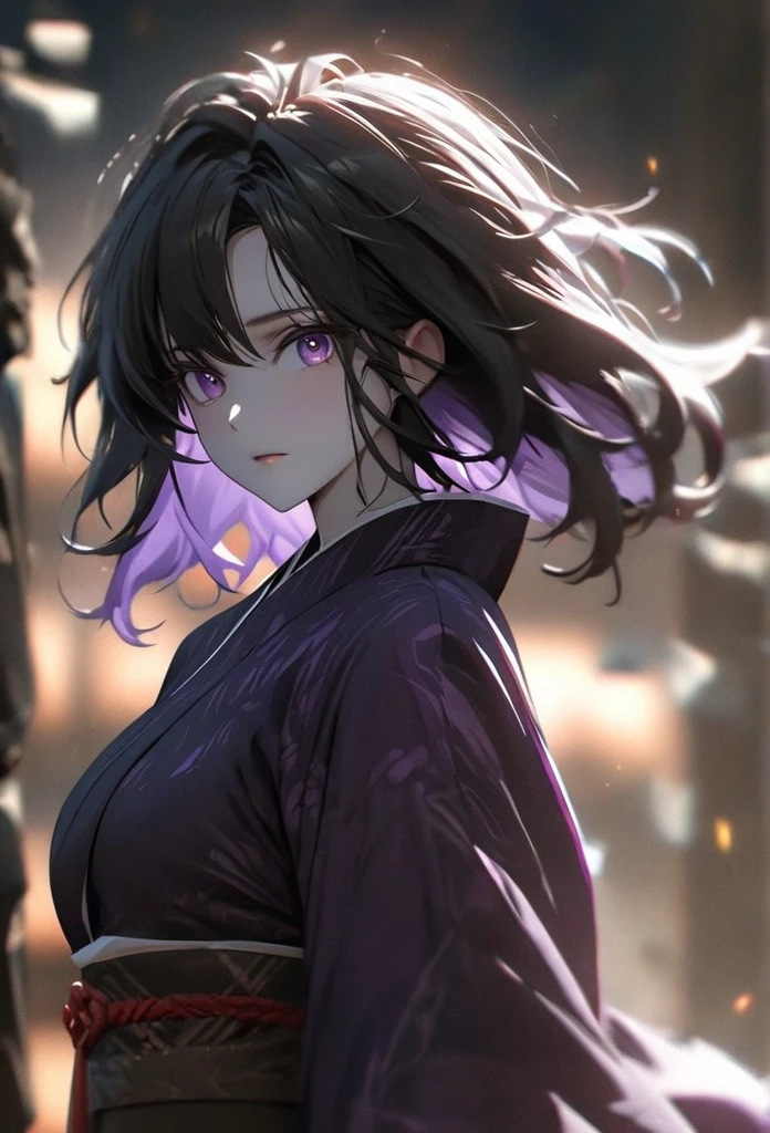 (solo), pitch black hair, messy hair, mane hair, short hair, dense hair, wild hair, expressive hai,(25 year old), pale skin, ((Female)), purple eyes, beautiful girl, wearing a black and purple kimono, thicc, beautiful, attractive, big breast, medium ass, Yin, eye reflection, depth of field, thunder aura, cinematic lighting, ray tracing, depth of field, cinematic lighting, ray tracing, UHD, high details, best quality, highres, high quality, award winning, super detail, masterpiece, 8k, UHD, high details, best quality, highres, high quality, award winning, super detail, masterpiece, 8k, digital art, anime coloring, body shot, good face, perfect face, detailed face, good eyes. The background is space.