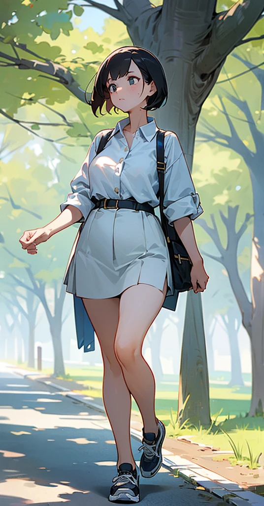 A beautiful girl,Tall,Fair skin,Beautiful facial features,Wearing a pure white shirt,Unbutton a few buttons at the collar,Revealing the white and delicate neck and half of the round and slender clavicle,Plump and firm breasts,Round and upright,Slim and soft waist,Long and straight legs,Wearing a pair of black sneakers。Walking on the campus tree-lined path