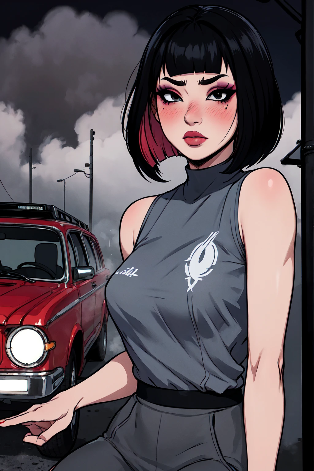 1girl, FengMin, solo, skinny, black eyes, asian eyes, eyeliner, looking at viewer, lips, black bob cut, blunt bangs, blush, standing, upper body, face focus, outdoors, horror \(theme\), night, fog egirlmakeup, sitting on the red car