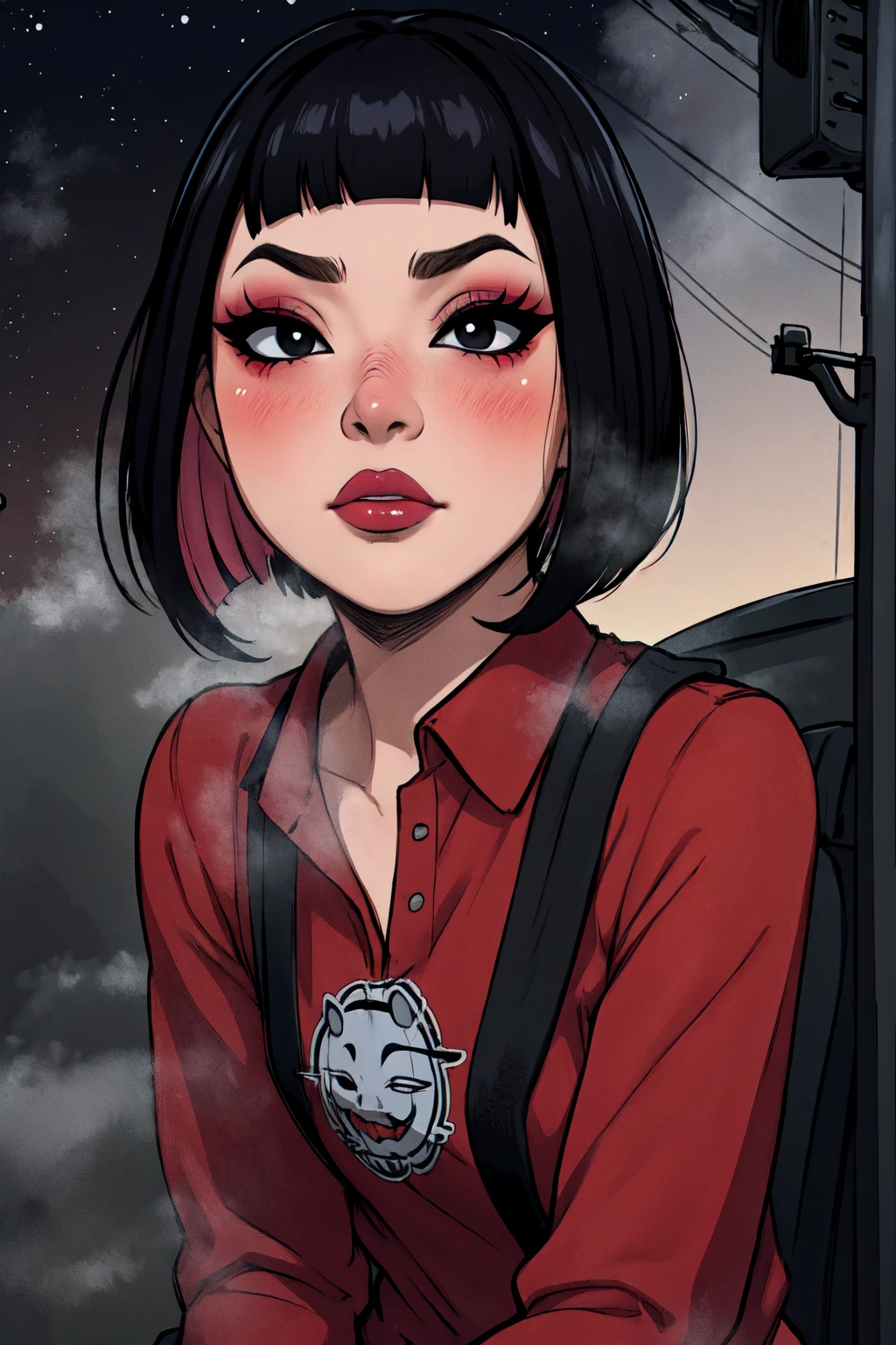 1girl, FengMin, solo, skinny, black eyes, asian eyes, eyeliner, looking at viewer, lips, black bob cut, blunt bangs, blush, standing, upper body, face focus, outdoors, horror \(theme\), night, fog egirlmakeup, sitting on the red car