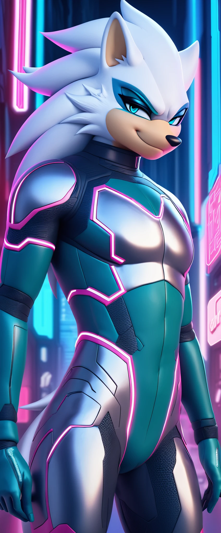 (((masterpiece:1.5, 4K, 8K))), a (((full body))) high quality digitally drawn rendered image ((by SEGA)) of A solo male anthro ((silver—white hedgehog)), with glowing blue eyes, ((metallic blue eyeliner:1.5)), (((tan muzzle))), wearing a (((sci-fi bodysuit))) stands in a neon-lit cyberpunk city The android's bodysuit is adorned with (((bright teal coloring:1.5))) with (((neon pink accents:1.4))), and intricate android seams, creating a futuristic look. the android has a seductive smirk on his face