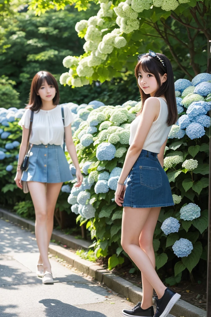 A 22-year-old girl wearing a miniskirt、In the hydrangea park。