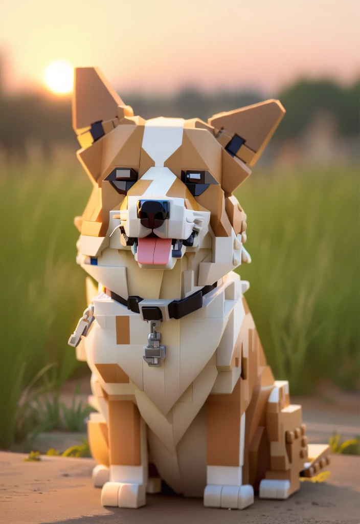 Lego dog sitting on the grass，The camera was in his mouth, legoshi from beastars, Made of LEGO bricks, Beast Star Legoshi, Very very detailed, Very high detail, Highly detailed toys, 描绘了一只Corgi犬, Voxel Art, Corgi, Extremely high detail, Super detailed, author：Emma Andievska