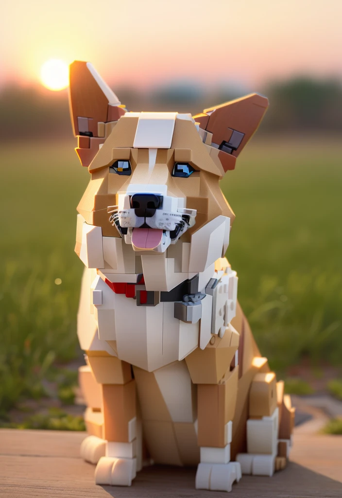 Lego dog sitting on the grass，The camera was in his mouth, legoshi from beastars, Made of LEGO bricks, Beast Star Legoshi, Very very detailed, Very high detail, Highly detailed toys, 描绘了一只Corgi犬, Voxel Art, Corgi, Extremely high detail, Super detailed, author：Emma Andievska