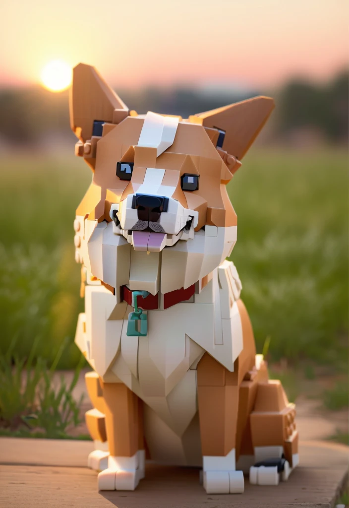 Lego dog sitting on the grass，The camera was in his mouth, legoshi from beastars, Made of LEGO bricks, Beast Star Legoshi, Very very detailed, Very high detail, Highly detailed toys, 描绘了一只Corgi犬, Voxel Art, Corgi, Extremely high detail, Super detailed, author：Emma Andievska