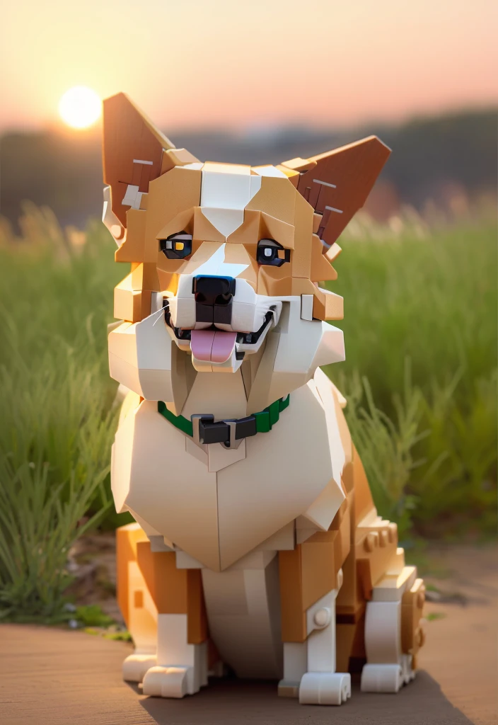 Lego dog sitting on the grass，The camera was in his mouth, legoshi from beastars, Made of LEGO bricks, Beast Star Legoshi, Very very detailed, Very high detail, Highly detailed toys, 描绘了一只Corgi犬, Voxel Art, Corgi, Extremely high detail, Super detailed, author：Emma Andievska