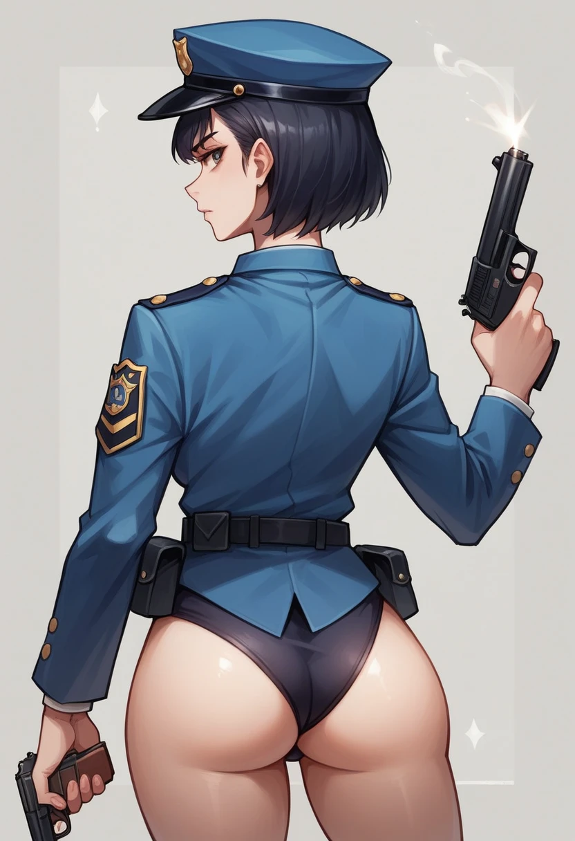 anime girl in uniform holding a gun and pointing it at the camera, officer, policewoman, Trigun Stampede style, short hair, straight hair, White Shirt, blue blazer, thicc, butt pose, back view, visible handgun
a-1 pictures, high quality fanart, portrait n - 9,