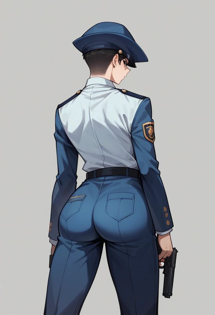 anime girl in uniform holding a gun and pointing it at the camera, officer, policewoman, Trigun Stampede style, short hair, straight hair, White Shirt, blue blazer, thicc, butt pose, back view, visible handgun
a-1 pictures, high quality fanart, portrait n - 9,