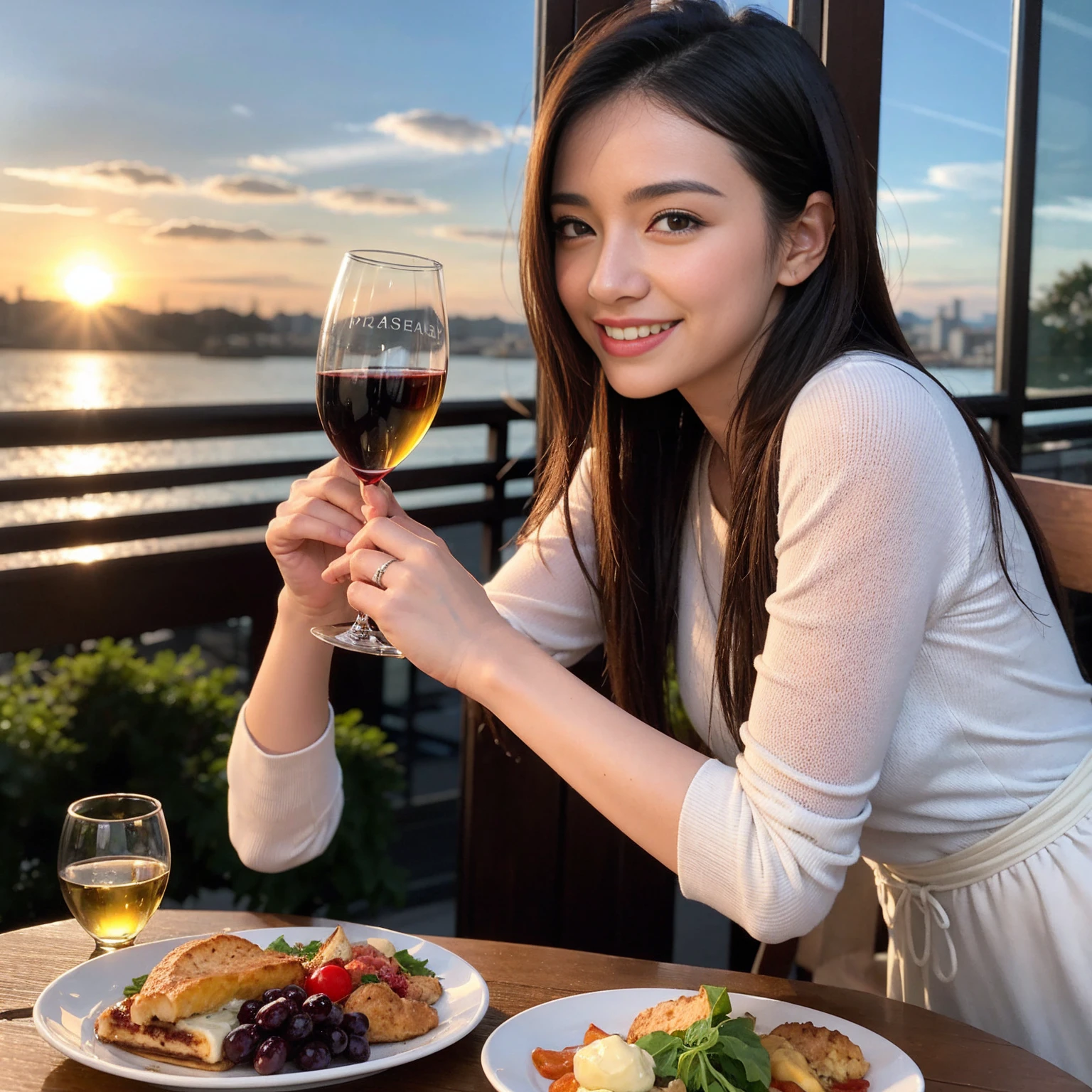 ((Highest quality、8k、masterpiece:1.3))、 (Genuineistic, Genuine、Bright image、Intricate details:1.2), 最高のsmile、1 male,1 female、Beautiful couple、spouse、fiancee、Good friends、actress couple、smile、Full-course dinner at a packed table、 (Slim face), (the body is slim), (Brown Hair), (short hair), テーブルのwine glass、Please shine a light on my face、 Amazing view of the sunset sky and clouds、 (42 years old)38 years old, red wine 、Appetizers、Wine bottle、sparkling wine、Long sleeve shirt、dress、White wine, red wine, wine glass,