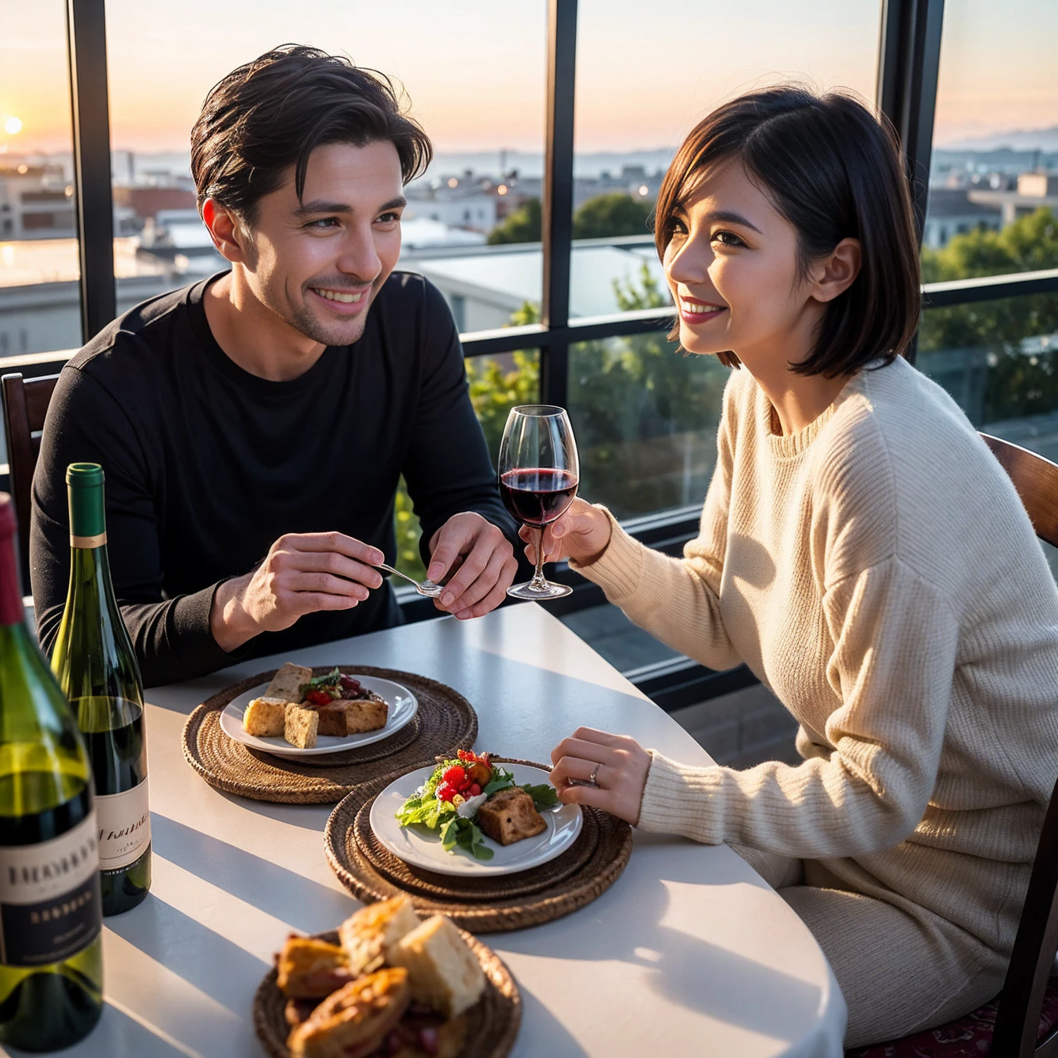 ((Highest quality、8k、masterpiece:1.3))、 (Genuineistic, Genuine、Bright image、Intricate details:1.2), 最高のsmile、1 male,1 female、Beautiful couple、spouse、fiancee、Good friends、actress couple、smile、Full-course dinner at a packed table、 (Slim face), (the body is slim), (Brown Hair), (short hair), テーブルのwine glass、Please shine a light on my face、 Amazing view of the sunset sky and clouds、 (42 years old)38 years old, red wine 、Appetizers、Wine bottle、sparkling wine、Long sleeve shirt、dress、White wine, red wine, wine glass,