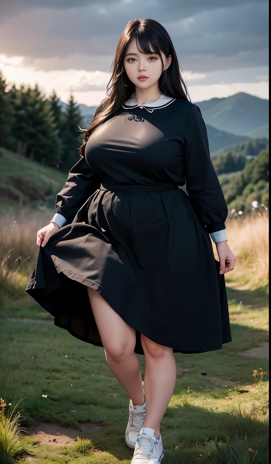 A beautiful beauty, long black hair, big eyes, round face, dress, tight purple skirt, sneakers , slightly fat, plump and sexy, delicate facial features, on the grassy hillside, black grass and words, dark sky and dark clouds, HD, high quality, the best picture quality